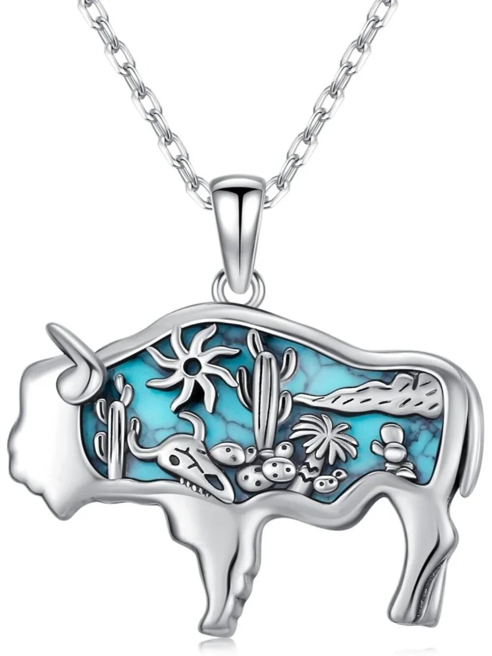 Women's Highland Cow Sterling Turquoise Pendant Highland Cow Skull Necklace